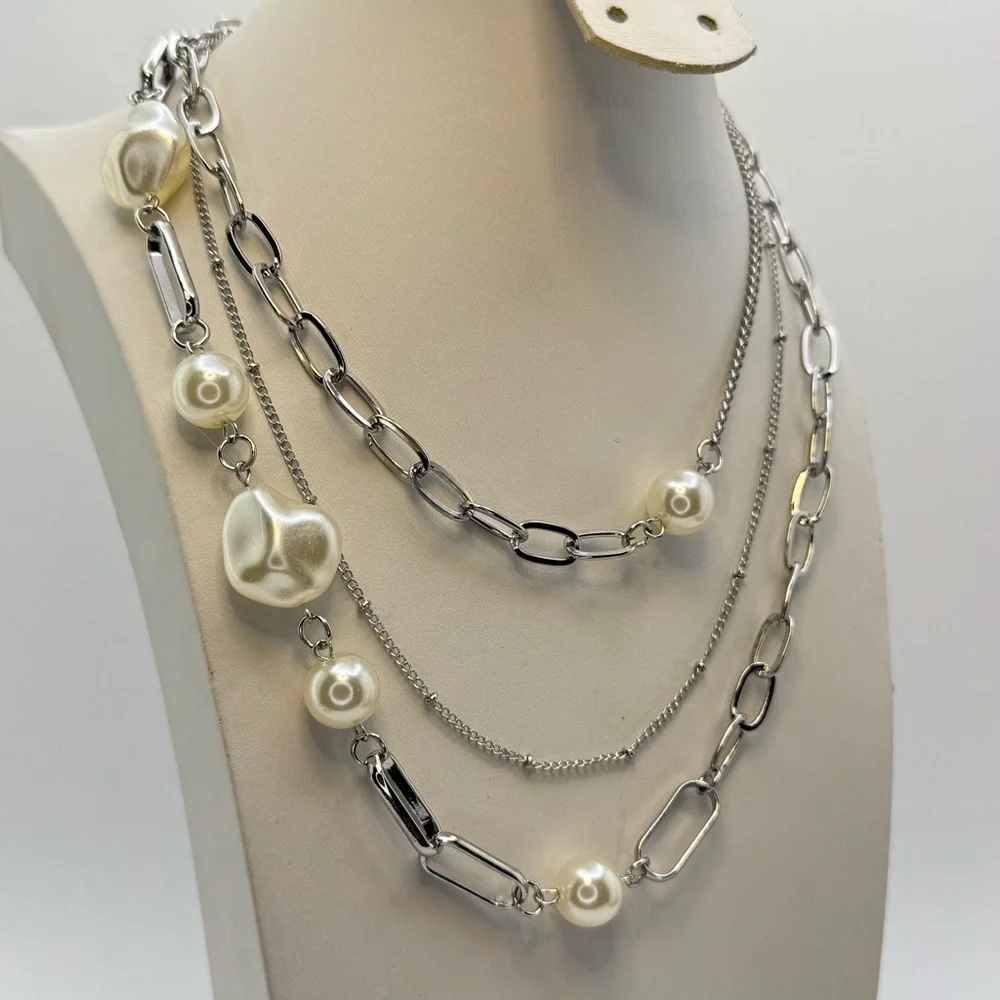 Layered Faux Pearl Chain Necklace Silver Modern Multi Chain Statement Necklace